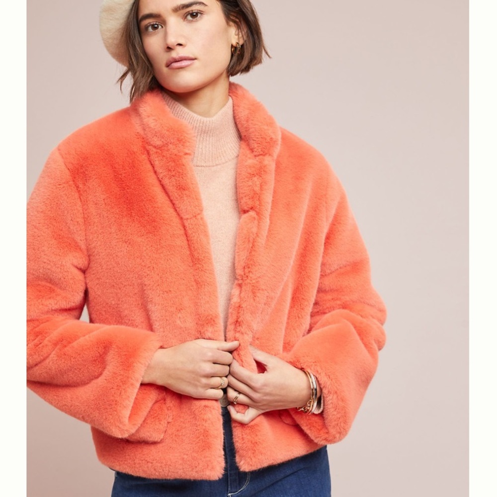Anthropologie Mango Pink Orange Faux Fur Jacket M